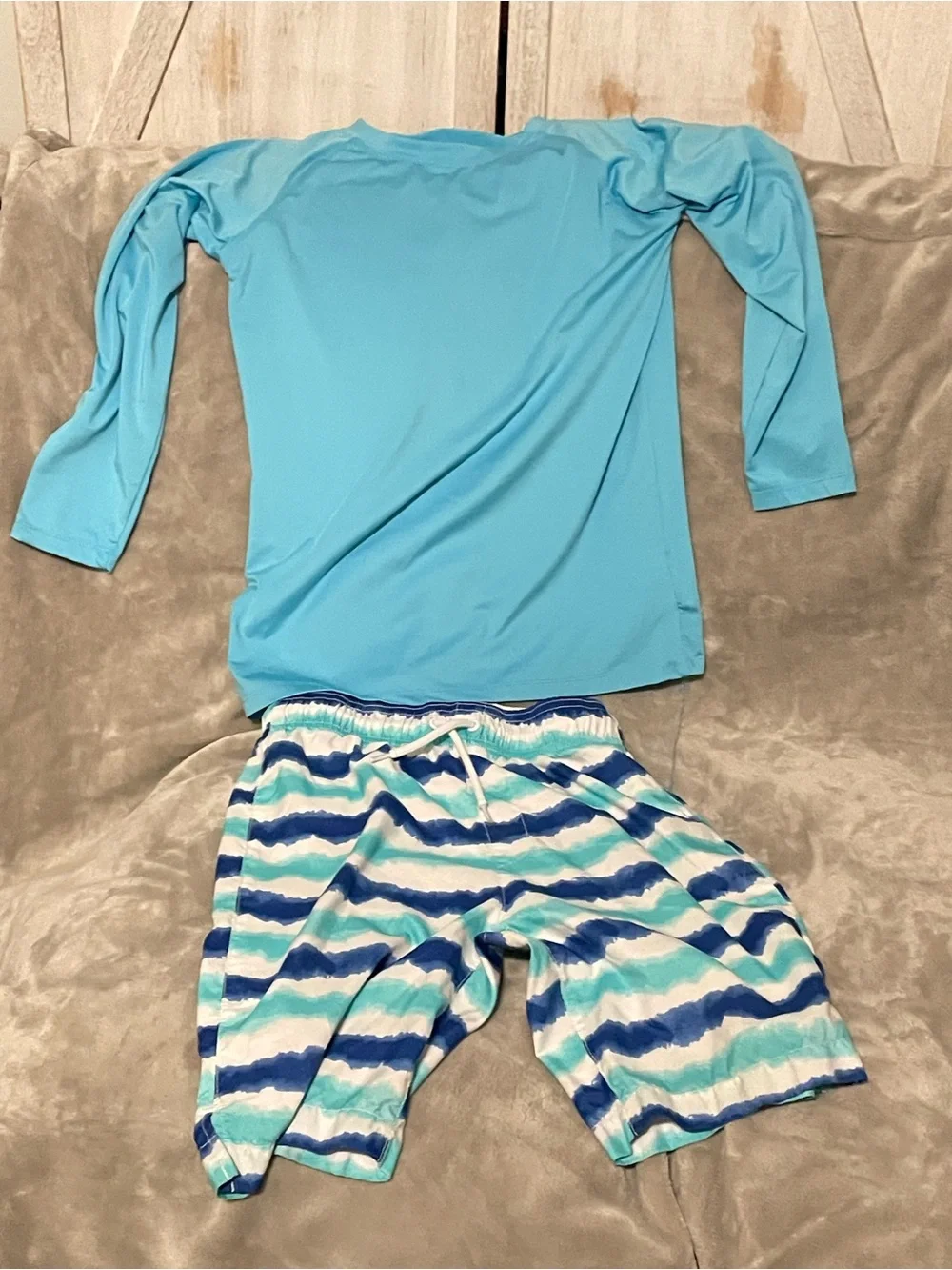 Kids Blue Beach Pajama Set - Long Sleeve Top & Striped Shorts